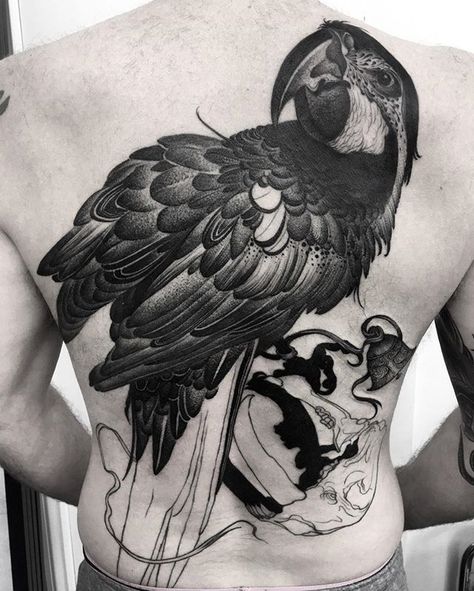 ITS GOT A HEAD! Progress shot of tim's back. Discworld Tattoo, Tattoos Dotwork, Parrot Tattoo, Portfolio Instagram, Hawk Tattoo, Roman Numeral Tattoos, Crow Tattoo, Bird Tattoo, Dot Work Tattoo