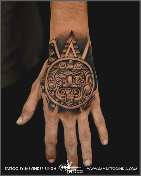 Mexican Hand Tattoos, Michoacan Tattoo, Mayan Tattoos Men, Mexican Heritage Tattoos, Azteca Tattoo, Painless Tattoo, Mexico Tattoo, Colored Tattoo Design, Aztec Tattoos