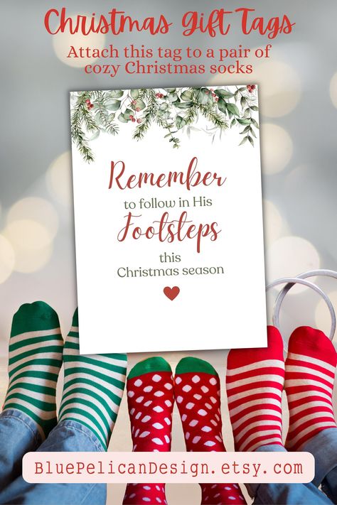 Socks Christmas Gift Tag, Small Group Christmas Gifts, Primary Christmas Gift Ideas, Volunteer Christmas Gifts, Primary Christmas Gifts Lds, Socks Gift Tag, Footsteps Quote, Lds Primary Christmas Gifts, Christ Centered Christmas Gifts