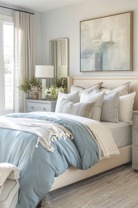 Transform Your Bedroom into a Serene Sanctuary: Modern & Chic Decor Ideas Off White And Blue Bedroom, Powder Blue And Beige Bedroom, Serene Primary Bedroom, Calm Blue Bedroom Ideas, Light Blue Master Bed, Light Blue Accent Bedroom, Transitional Blue Bedroom, Cozy Bedroom Ideas Blue, Light Blue Guest Bedroom