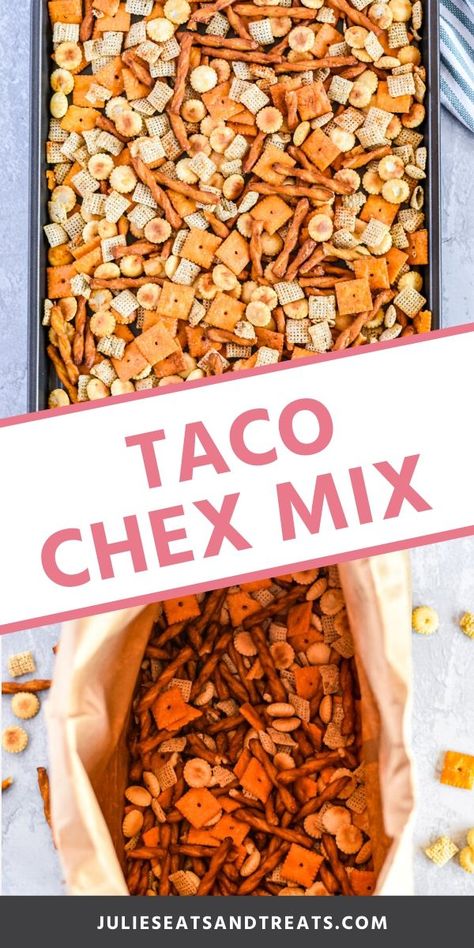 Love a salty snack mix recipe? Put a kick in your Chex Mix by seasoning it with taco seasoning. This Taco Chex Mix recipe is the perfect salty snack to keep the munchies away. It's great for parties, after school snacks, lunches and more! #chexmix #recipe Chex Mix With Taco Seasoning, Spicy Snack Mix Homemade, Taco Snack Mix Recipes, Mexican Chex Mix Recipes, Tex Mex Chex Mix Recipes, Cheap Snack Mix Recipes, Taco Chex Mix Recipe, Best Salty Snacks, Make Your Own Snack Mix Bar