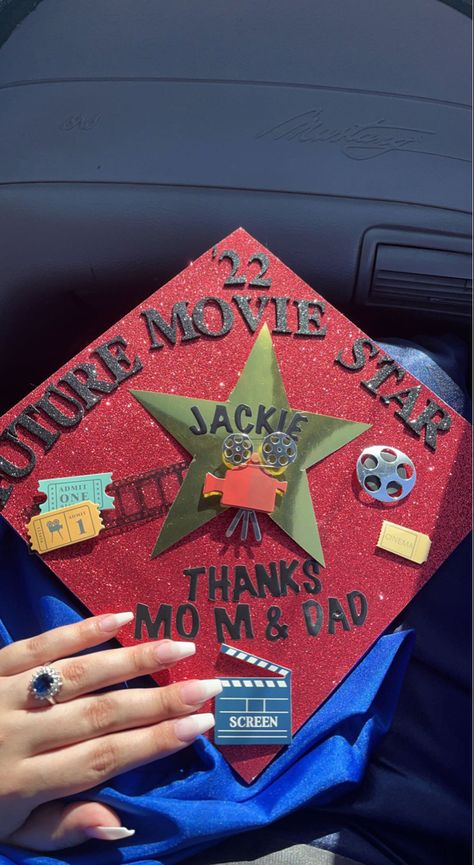 Graduation Cap Designs Acting, Actor Graduation Cap, Graduate Hat Ideas, Acting Graduation Cap, Film Major Graduation Cap, Graduation Cap Designs Film, Film Grad Cap, Horror Movie Graduation Cap, Film Graduation Cap