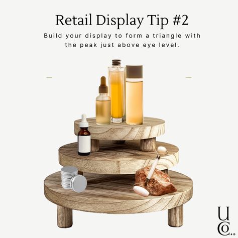 Retail Display Tip #2: Create visual interest with the power of the triangle! 🔺 A well-placed riser can make all the difference. 😉  Want more expert tips to boost your spa's retail game? Read our latest blog post!    #RetailTips #Spa Skin Care Table Display, Spa Boutique Ideas, Spa Product Display, Ambience Decor, Hair Salon Equipment, Lash And Brow Tint, Skin Care Supplies, Boutique Spa, Essential Oil Carrier Oils