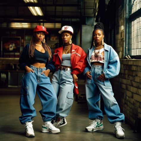 1990's Hip-Hop Fashion! Female Hip-Hop Rappers! - AI Generated Artwork 90s Hiphop Outfit Women, 1990s Hip Hop Fashion, 90s Hip Hop Outfits For Women, 90s Hiphop Outfit, Hiphop Style Outfits, 90s Hiphop Fashion, Street Dance Outfit, Tlc Outfits, 90s Hip Hop Outfits