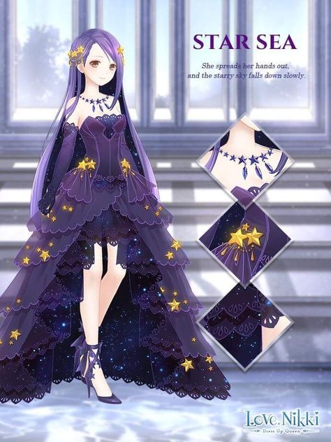 Star sea Fantasy Star Dress, Star Sea Dress, Star Dress Drawing, Sea Outfit, Anime Dresses, Star Sea, Dress Anime, Love Nikki Star Sea, Shining Nikki Mermaid