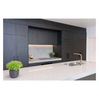 Get The Look: Cabinet doors in Polytec Black Woodmatt with sharknose handles, Hinges & drawer runners are Blum Legrabox, Kickboard same as cabinets (black Grey Splashback, Pull Out Bin, Franke Sink, Fridge French Door, Desk Wall, Black Appliances, Integrated Dishwasher, Drawer Runners, Black Cabinets