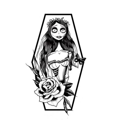 Corpse Bride Tattoo Stencil, Tim Burton Tattoo Designs, Corpse Bride Tattoo Design, Corpse Bride Emily Tattoo, Corps Bride Tattoo, Corpse Bride Outline, Corpse Bride Tattoo Ideas, Tim Burton Flash Tattoo, Dark Whimsical Aesthetic