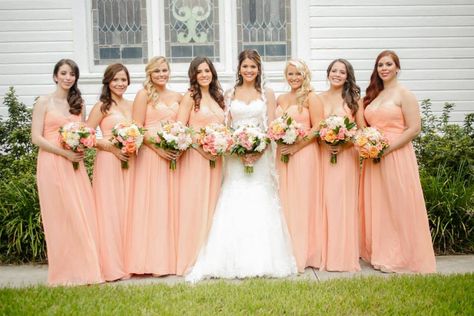 Donna Morgan peach fuzz bridesmaid dresses #donnamorgan #peachfuzz Pale Peach Bridesmaid Dresses, Peach Gown Bridesmaid, Peach Fuzz Dress, Light Coral Bridesmaid Dresses, Peach Bridesmaid Dresses Long, Bridesmaid Peach Dress, Peach Pink Bridesmaid Dresses, Bridesmaid Dresses Peach, Coral Peach Bridesmaid Dresses