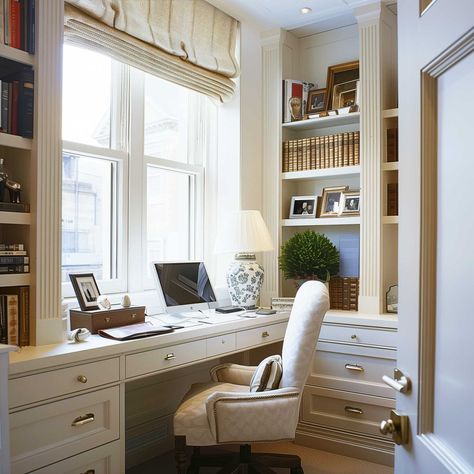 cozy_home_office_ideas_for_women_) (24) Elegant Home Office Ideas For Women, Cozy Home Office Ideas, Color In Interior Design, Seat Window, Office Ideas For Women, Home Office Ideas For Women, Gray Room, Productive Work, Workout Room