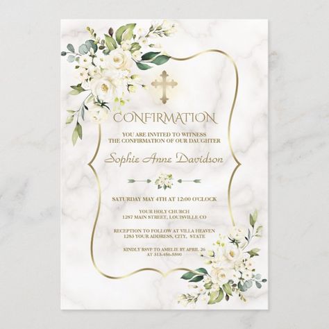 Confirmation Invitations Template, Catholic Confirmation Gifts, Confirmation Invitation, Confirmation Party, Confirmation Cakes, Confirmation Cards, White Flower Bouquet, Confirmation Invitations, Frame Floral