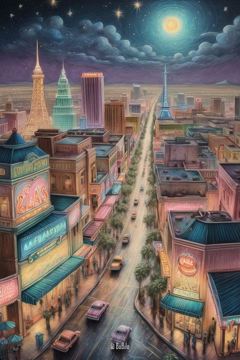 Explore Vintage Nightscapes: Fantasy Nocturnes of American Cities by @Bobilo_art Fantasy Cityscape, Last Vegas, New York Las Vegas, Nostalgic Art, Fantasy City, The Golden Age, American Cities, Urban Fantasy, The Glow