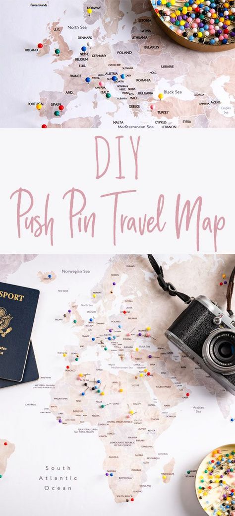 Create your own DIY push pin travel cork board map. This craft idea is perfect for showing where you have travelled and been on holiday. Pin Cork Board, Diy Push Pins, Diy Pin Board, Cork Board Map, Travel Map Diy, Diy Cork Board, Map Pins, Travel Map Pins, Pushpin Travel Map