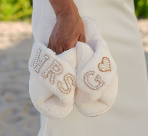 Gift ideas • bridal • bride gifts • mrs • bride era • Christmas gifts Bridesmaid Slippers, Bridal Slippers, Bride Slippers, Pearl Letters, Wedding Slippers, Fluffy Slippers, Hollywood Fl, Custom Cross, Bridesmaid Party