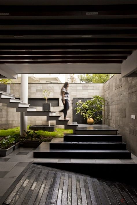 Mangalam: Minimal Home In conversation With Nature | JGP Consultants - The Architects Diary Entrance Stairs Design Outdoor, Staircase Design Modern Outdoor, Modern House With Basement, Small House With Basement, Exterior Staircase Design, Entrance Stairs Design, Exterior Stairs Architecture, House Plant Tattoo, Entrance Staircase