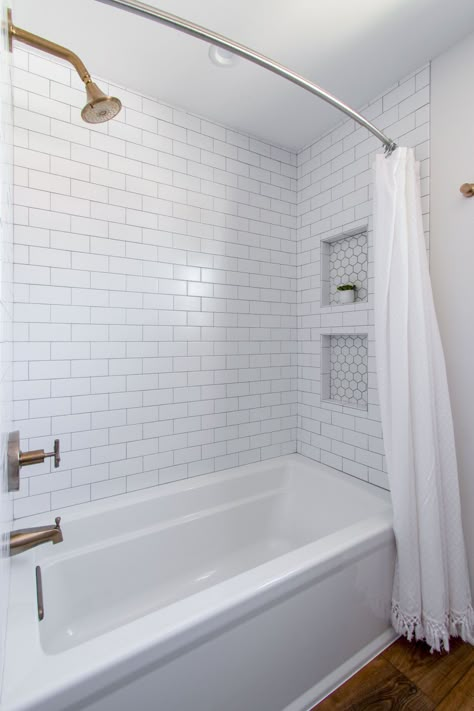 White Subway Tile Shower Ideas Tubs, Gray And White Bathtub Tile, Subway Tile Bathtub Surround With Niche, Subway Tile Shower And Tub, Cape Cod Style Bathroom Ideas, Bathroom Shower Subway Tile, Bathroom Shower Subway Tile Ideas, Subway Tile Shower Tub Combo, Subway Tile With Bathtub