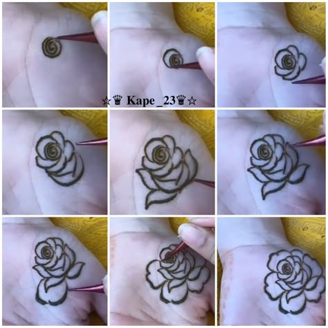 Mahendi Rose Designs, New Rose Flower Mehndi Design, Mehndi Flower Step By Step, Small Flower Mehndi Design, How To Draw Rose In Mehandi, Flower Mahendi Designs, Rose Mehndi Designs Flowers, Rose Mehndi Designs Simple, Henna Basics