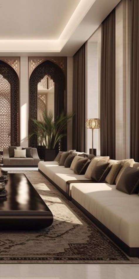 Arab Living Room Designs, Arabian Lounge Interior Design, Arabian Modern Interior, Arab Sitting Room, Arabic Luxury Interior Design, Morocco Interior Design Modern, Modern Arabesque Interior, Islamic Modern Interior Design, Modern Islamic Living Room