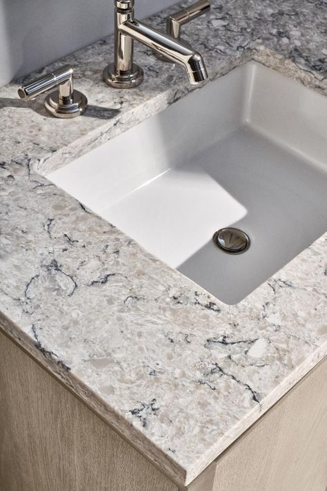 12 Bathroom Quartz Countertop Ideas for a Luxurious Look | Robern White Quartz Bathroom Countertops, Bathroom Counter Ideas, Restoration Hardware Bathroom, Quartz Bathroom Countertops, Black Quartz Countertops, Undercounter Sink, Quartz Bathroom, Stone Vanity Top, Stone Vanity