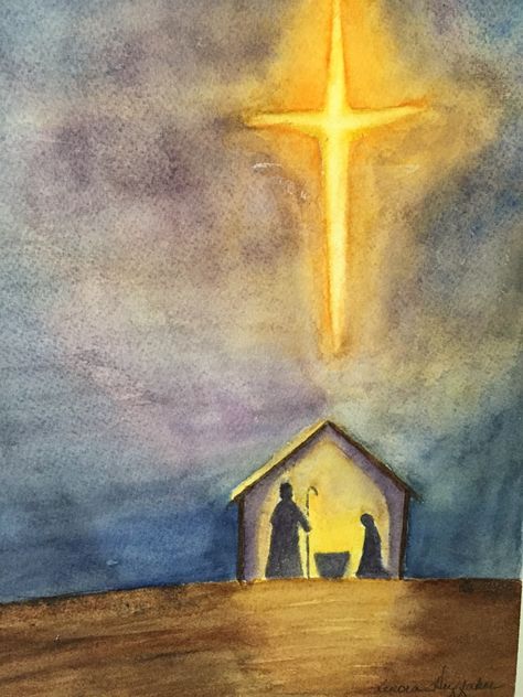 Nativity Scene Artwork, Christmas Drawing Jesus, Watercolor Art Nativity, Christmas Manger Painting, Watercolor Christmas Cards Nativity, Christmas Card Ideas Christian, Painted Christmas Scenes, Christmas Watercolor Nativity, Christmas Art Christian