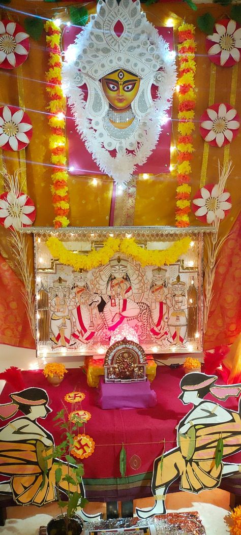 We decorated this puja mandap at home to celebrate Durga pooja Durga Puja Home Decoration, Durga Puja At Home, Durga Pujo Decoration At Home, Durga Puja Decoration At Home, Durga Pooja Decoration At Home, Durga Puja Decoration Ideas At Home, Puja Mandap, Puja Decoration, Mandap Decoration