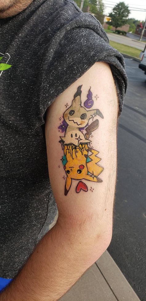 Evil Pikachu Tattoo, Mimikyu Tattoo Ideas, Mimikyu Tattoo, Mimikyu Pikachu, Pikachu Tattoo Design, Pokemon Tattoos, Pikachu Tattoo, Small Couple Tattoos, Pokemon Tattoo