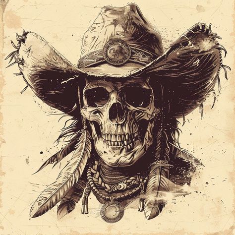 "Eternal outlaw vibes—riding through the ages with a grin that's beyond the grave. 😎💀🌾" #etchingart #skullart #cowboyvibes #westernart #outlawstyle #vintageart #timelessstyle #inkart #graphicart #artdaily #creativeexpression #uniqueartwork #skulllove #deathandbeauty #westernculture #cowboyhat #drawingoftheday #artisticmood #instaartwork #artistsoninstagram #illustrationartists #westernwear #oldwest #retroart #midjourney #midjourneyart 😎💀🌾🎨🖋️ Country Tattoo Drawings, Western Tooled Tattoo, Men’s Western Arm Tattoo, Cowboy Themed Tattoo, Wild West Tattoo Ideas, Hunt Showdown Tattoo, Indian Skull Tattoo Design, Outlaw Wallpaper, Sheriff Tattoo