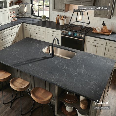 Design Trend: Matte Quartz Countertops [With Pictures] Matte Quartz Countertops, Matte Countertops, Black Quartz Countertops, Black Kitchen Countertops, Dark Countertops, Quartz Kitchen Countertops, Black Countertops, Island Countertops, Up House