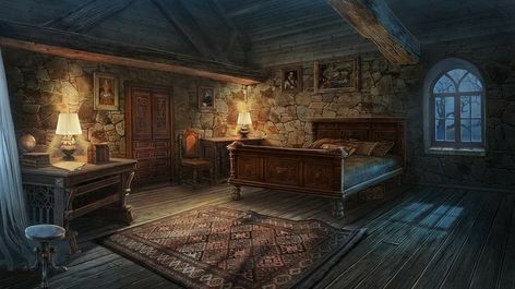 Fantasy Room Art, Fantasy Inn, Casa Viking, Fantasy Room, Fantasy Bedroom, Anime Places, Episode Backgrounds, Fantasy Rooms, Scenery Background