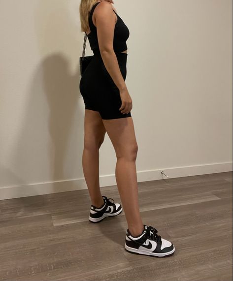 Girl in nike dunks wearing biker shirt matching set outfit Nike Dunks And Shorts, Casual Black Nike Shorts, Nike Black Sporty Biker Shorts, Nike Fitted Black Biker Shorts, Shorts With Panda Dunks, Black Biker Shorts Outfit, Nike Dunks Outfit, White Biker Shorts, Black And White Nikes