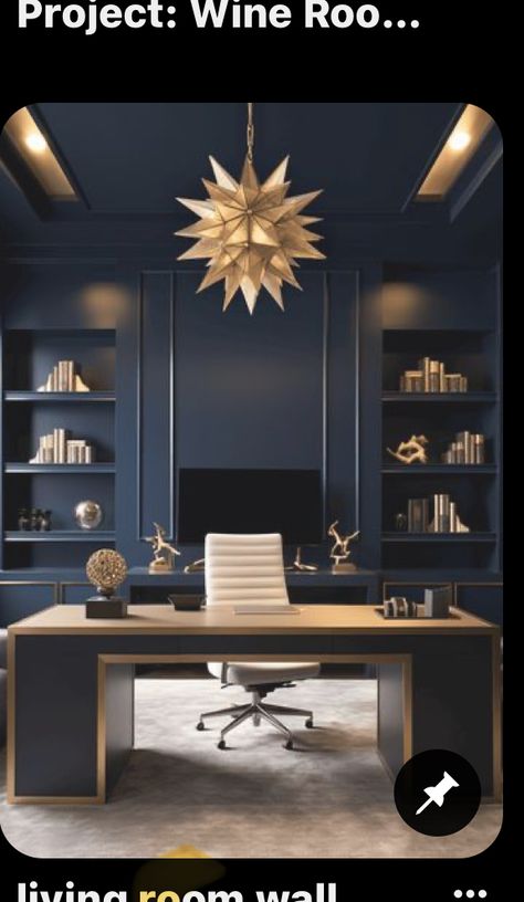 Home Office Navy Walls, Blue Wall Office Ideas, Blue And Gold Home Office, Dark Blue Office Walls, Navy Office Ideas, Office Blue Walls, Dark Blue Study, Office Back Wall Design, Navy Blue Office Ideas