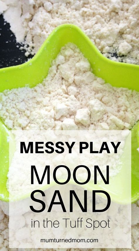 Messy Play - Moon Sand in the Tuff Spot: simple recipe and play ideas. Tuft Tray Ideas Messy Play, Moon Tuff Tray Ideas, Space Activities Tuff Tray, Moon Tuff Tray, Space Messy Play Ideas, Tuff Tray Messy Play, Easy Messy Play Ideas, Space Messy Play, Messy Tray Ideas