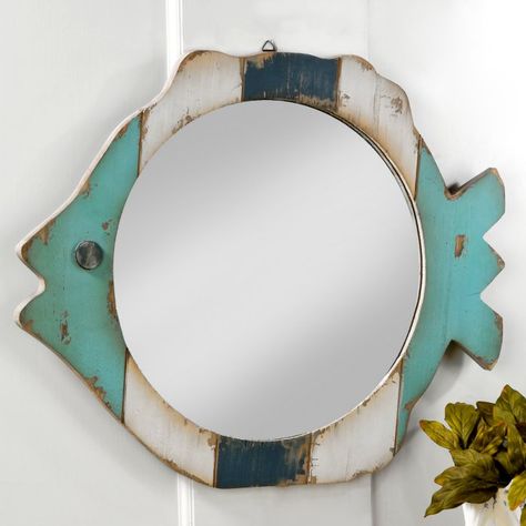 Tripar Wood Fish Frame Mirror - 25.25W x 20.5H in. | Hayneedle House Of Turquoise, Beach Theme Bathroom, Wood Fish, Wooden Fish, Wood Framed Mirror, Frame Mirror, Hanging Wall Mirror, Accent Mirror, Boho Chic Decor