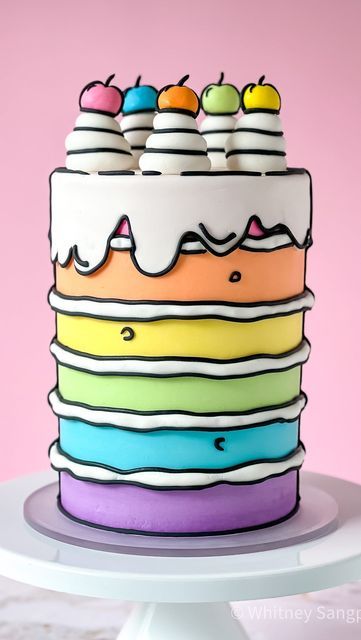 Rainbow Cake Ideas, Neon Cake, Doodle Cake, Comic Cake, Neon Cakes, Cartoon Birthday Cake, Rainbow Layer Cakes, Draw So Cute, Sonic Cake