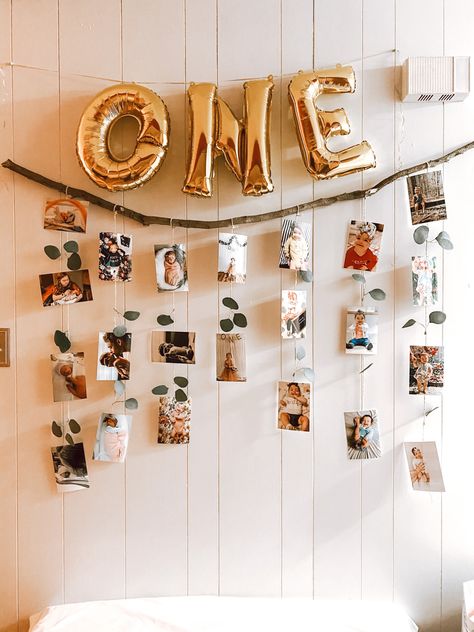 One Year Old Birthday Party Picture Display, Birthday Photo Set Up, Picture Wall First Birthday, 2nd Birthday Photo Display, Photo Display For First Birthday, 1st Birthday Collage Ideas, Picture Collage For Birthday Party, First Birthday Wall Decor, First Birthday Photo Wall Ideas