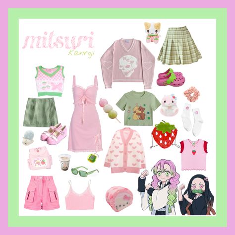 Mitsuri Kanroji Inspired Outfit, Mitsuri Outfit Ideas, Mitsuri Inspired Outfit, Mitsuri Kanroji Outfit, Modern Mitsuri, Mitsuri Clothes, Demon Slayer Inspired Outfits, Mitsuri Makeup, Inspired Outfits Character