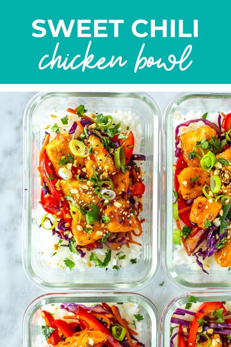 These Sweet Chili Chicken Meal Prep Bowls are a delicious make-ahead lunch idea. Serve with jasmine rice and your choice of toppings! Chicken Bowls Healthy Meal Prep, Meal Prep Rice Bowl, Glass Bowl Meal Prep Recipes, Healthy Grain Bowls, Chicken Bowl Meal Prep, Chicken Bowls Healthy, Clean Eating Meal Prep Ideas, Chicken Meal Prep Bowls, Best Healthy Breakfast