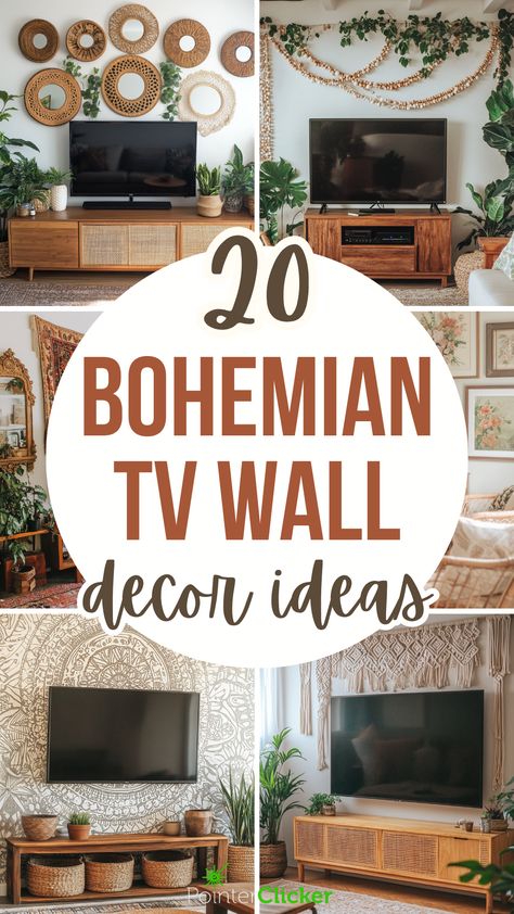 bohemian tv wall decor Decorating Around A Mounted Tv, Wooden Wall Decor Living Room Interiors, Living Room Tv Wall Rustic, Wall Behind Tv Decor Living Rooms, Wall Decor Tv Mounted Tv, Large Shelf Above Tv, Plants Behind Tv, Boho Living Room Tv Stand, Entertainment Center Wall Decor