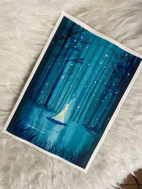 Illustration of a girl in white long jacket walking in the mystical and magical forest Magical Watercolor Paintings, Magical Forest Watercolor, Guache Ideas, Magical Forest Drawing, Enchanted Painting, Magical Forest Painting, Magical Forest Art, Enchanted Forest Art, Magic Landscape