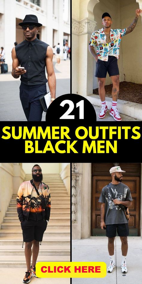 Embrace the essence of urban cool with these streetwear-inspired summer outfits for black men. Whether you're hanging out with friends or exploring the city, these looks offer the perfect combination of style and comfort. From laid-back shorts and tees to sleek jeans and shirts, these outfits are versatile enough for any occasion. With a nod to classic street styles and a touch of modern flair, you can express your unique personality and make a statement wherever you go. Shirt And Shorts Outfit For Men, Men Summer Dinner Outfit, Mens Brunch Outfit Spring, Urban Summer Outfits For Men, Men Vacation Outfits Summer, Summer Casual Men Outfits, Mens Concert Outfit Summer, Men’s Fits Going Out, Mens Summer Outfits 2024 Streetwear