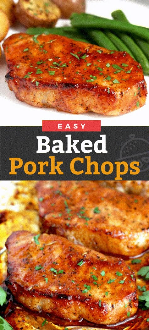 Oven Baked Pork Chops seasoned with a quick spice rub and  baked to perfection. This baked pork chop recipe produces tender, juicy and flavorful pork chops every time! #baked #pork #easy #dinner Easy Oven Baked Pork Chops, Baked Pork Recipes, Easy Baked Pork Chop Recipes, Best Baked Pork Chops, Oven Baked Pork Chops, Easy Baked Pork Chops, Boneless Pork Chop Recipes, Pork Chop Recipes Crockpot, Baked Pork Chops Oven