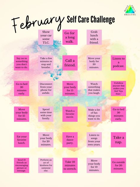 February Challenge: It's all about that LOVE - Move Smile Breathe Self Care February, February Affirmations, February Vibes, 2024 Bujo, February Challenge, Self Care Challenge, February Ideas, Wellness Challenge, Happy February