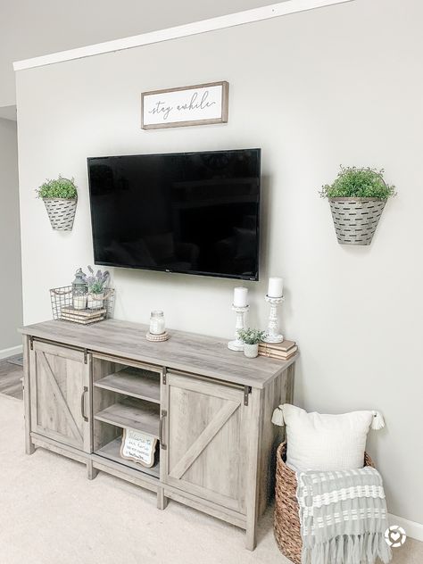 Farmhouse Style Living Room Decor, Tv Stand Decor Living Room, Tv Stand Decor Ideas, Tv Wall Ideas, Tv Stand Decor, Living Room Plants, Living Room Styles, Tv Decor, Living Room Tv Wall