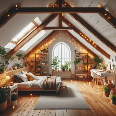 15 Attic Bedroom Ideas for Cozy Retreats Wood Ceiling Attic Bedroom, Loft Bedroom Slanted Ceiling, Open Concept Attic Master Suite, Livable Attic Space, A Frame House Interior Bedrooms, Attic Loft Ideas Slanted Walls, A Frame Loft Bedroom Ideas, Studio Attic Apartment, Finished Attic Master Suite