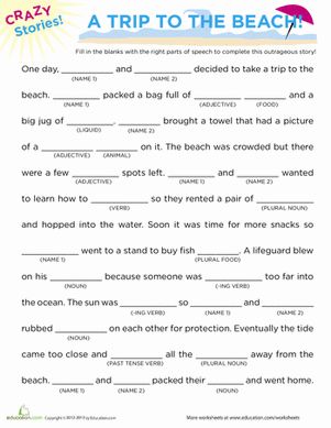 Little storytellers, take a trip to the beach with this fill-in-the-blanks story! Your young writer will practice her parts of speech to finish the story. Funny Mad Libs For Kids, Mad Libs For Kids Printables Free, Fill In The Blank Story, Fill In The Blanks Worksheets, Fill In The Blanks Story, Writing Stories, Mad Libs, Simply Filling, Funny Story