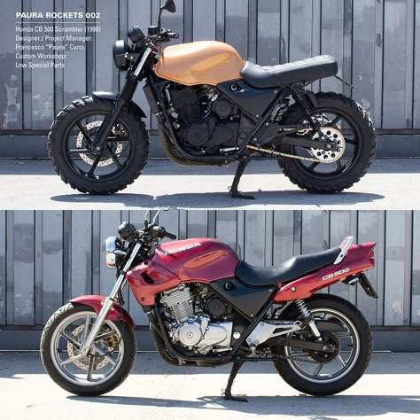 HONDA CB500 - Before and After - Scrambeler, Cafe Racer Cb500 Cafe Racer, Honda 750, Retro Bikes, Honda Cb 500, Cafe Racer Moto, Moto Scrambler, Мотоциклы Cafe Racers, Custom Motorcycle Helmets, Motos Honda