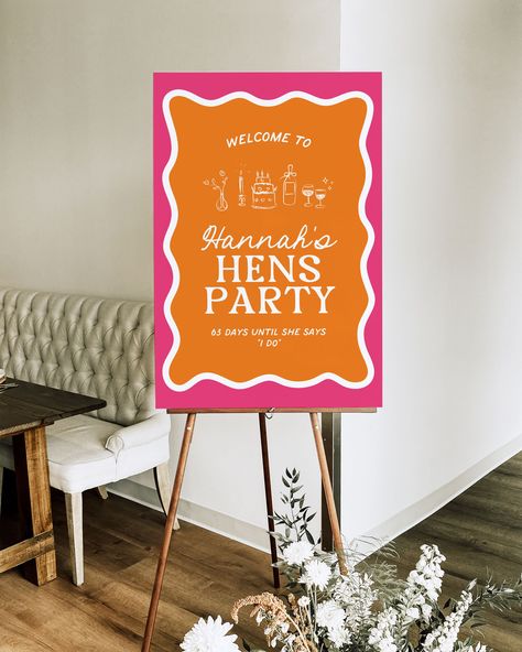 Orange and Pink Hens Party Welcome Sign Template, Wavy Border Bachelorette Poster, Editable Whimsical Retro Hand Drawn Doodle Bridal Shower - Etsy Pink Hens Party, Party Welcome Sign, Hens Party, Welcome Sign Template, Event Sign, Orange And Pink, Sign Templates, Hen Party, Welcome Sign