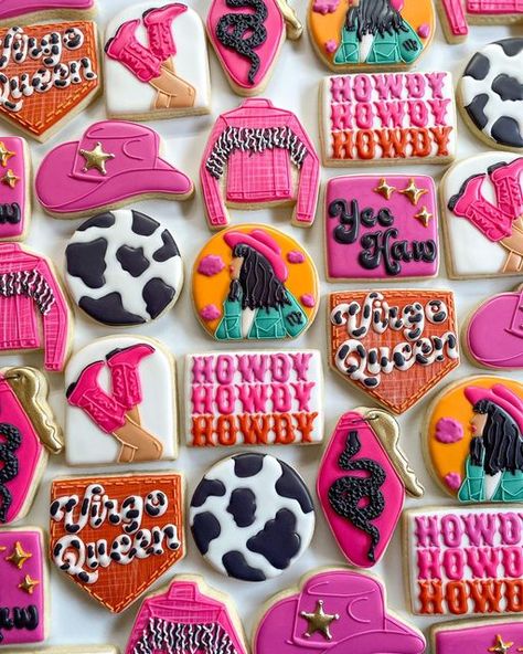 Morgan Wallen Cookies Decorated, Nashville Birthday Cookies, Disco Cowgirl Cookies Birthday, Cowgirl Cookies Birthday, Cow Print Cookies Decorated, Disco Cowgirl Birthday Party Ideas, Western Themed Cookies, Dolly Parton Cookies Decorated, Cowgirl Cookies Decorated