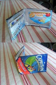 I remember when these were the bomb in middle school! Capri sun wallets and purses! Sun Crafts, Juice Pouch, Pouch Craft, Duct Tape Wallet, Duct Tape Crafts, Wallet Craft, Capri Sun, Candy Wrapper, Drink Containers