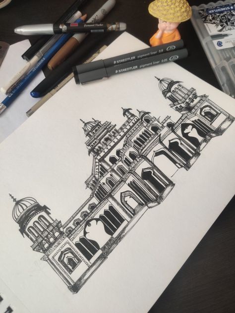 Black and white sketch Albert hall museum mesmerising monument Famous Monuments Sketches, Historical Monuments Drawing, Monuments Sketches, Monument Sketch, Monuments Drawing, Albert Hall Museum Jaipur, Monument Ideas, Sketches Landscape, Pencil Sketches Landscape