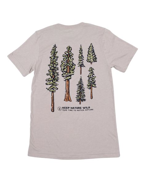 Trees are the quiet giants of the forest. Their canopies provide shade & protection - and they also happen to be some of the best eye candy around. The wild just wouldn't be the same without them. Slow down and take time to notice conifers in this comfy, regular-fit unisex tee. Regular Fit 52/48 Airlume combed and ringspun cotton/polyester Screen-printed locally in AZ This isn't your average outdoor gear... together we pick up one pound of trash for every product sold. Learn more and join a clea Nature Backs Shirts, Outdoor Tshirt Design, Outdoorsy Graphic Tees, Trendy Outdoor Graphic Print T-shirt, Outdoor Screen Print T-shirt, Goofy Outfits, Vintage Screen Print T-shirt For Outdoor, Outdoor Cotton T-shirt With Graphic Print, Ski Shirts Design